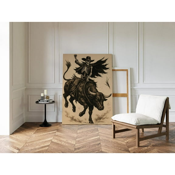 Velto Skeleton Bull Rider Canvas Art Gothic Western Rodeo Illustration Vintage Sepia Rustic Inspired Wall Decor, SIZE 8x10 INCLUDE Pine Wood Frame 1.25-Inch