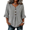 thumbnail image 2 of Hfnxid 3/4 Sleeve T Shirts for Women Loose Fit Striped Ruffle Shirt Button Up V Neck Blouses Dressy Casual Fall Clothes Black L, 2 of 6