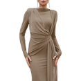 thumbnail image 3 of Vestido Maxi Ajustado para Mujer con Mangas Largas, Cuello Redondo y Corte Ajustado para Cóctel Caqui M, 3 of 10