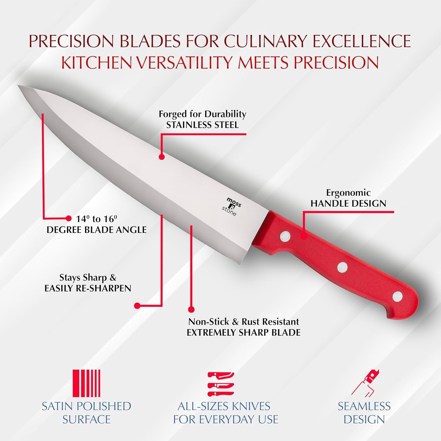 Moss & Stone 14-piece Red Knife Block Set, Stainless Steel Knife Set Premium Kitchen knives Set With High-Carbon Stainless Steel Blades, And Wooden Block Set Cutlery Knife Set, Kitchen Knife Set