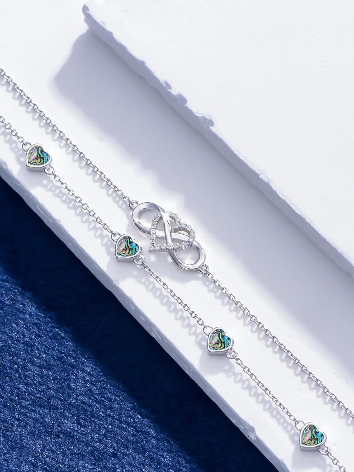 Infinity Abalone Anklet 925 Sterling Silver Double Strand Heart Abalone Anklet Birthday Jewelry Gift for Wife Women Mother,Chain Length 9"+2" Extend