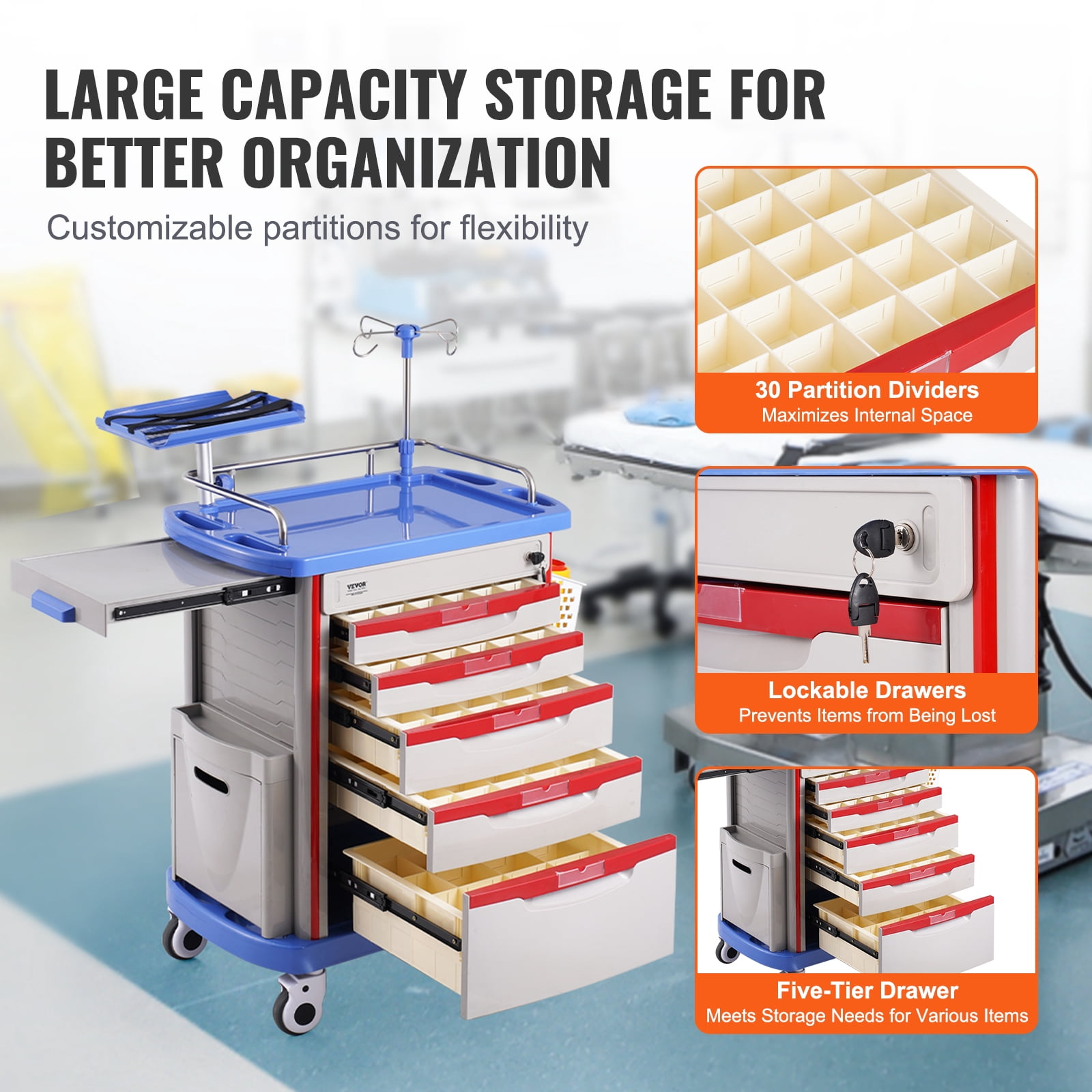 VEVOR 5 Tiers Lab Carts, Lab Utility Cart with 5 Drawers & 4 Silent Wheels, Mobile Medical Cart with PP Material, Lab Rolling Cart with 2 Trash Cans for Lab, Clinic, Hospital, Salon, Blue