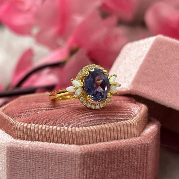 Alexandrite and Fire Opal Wedding Ring in 14K Yellow Gold Vermeil- Promise Ring For Her- June Birthstone- Handcrafted Jewelry