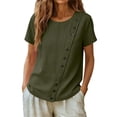 thumbnail image 6 of Sokhug Women's Linen Cotton Casual Round Neck Short Sleeve Blouse Asymmetrical Button Down Shirt Loose Fit Top for Women, 6 of 7