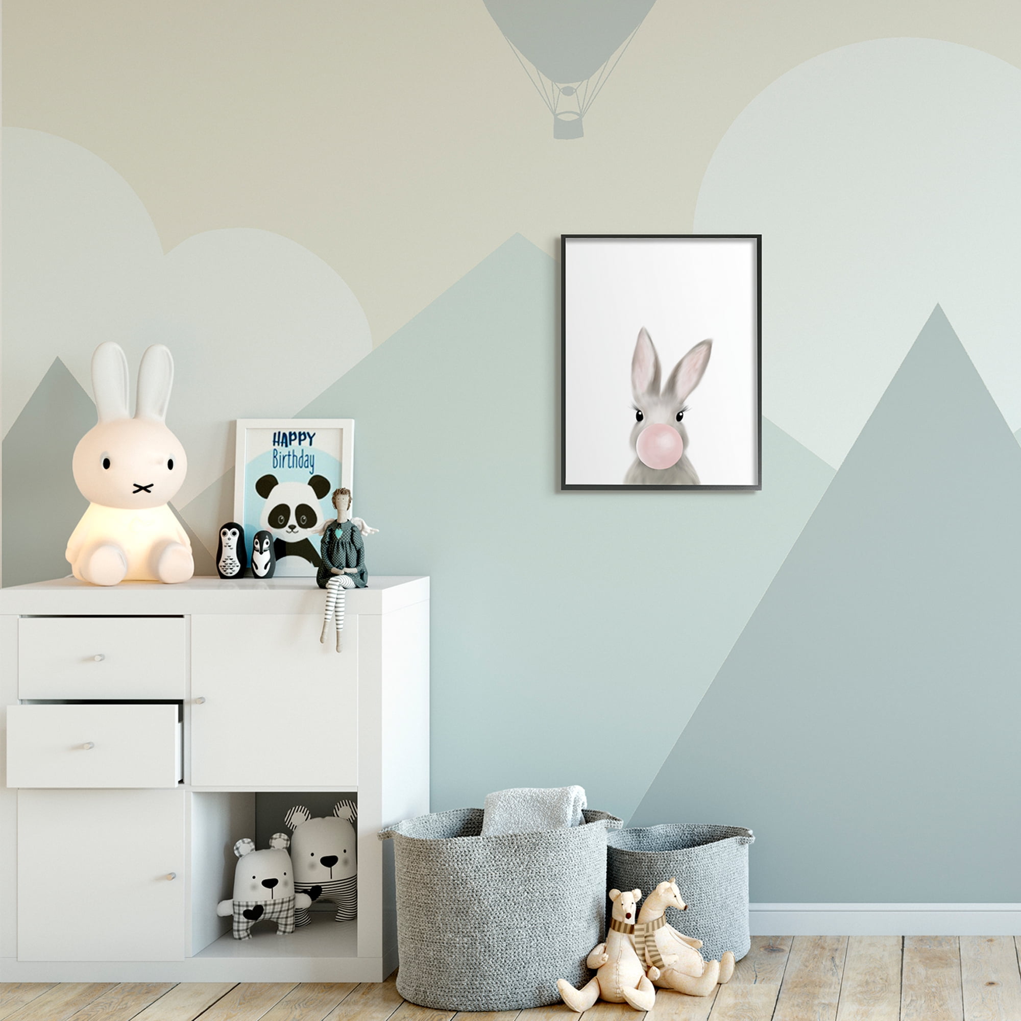 Stupell Industries Bunny with Pink Bubble Gum Forest Animal Black Framed, 16 x 20, Design by Leah Straatsma