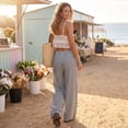 thumbnail image 4 of Women's Pinstripe Linen Palazzo Pants Elastic Drawstring High Waist Flowy Wide Leg Loose Summer Beach Trousers With Pockets Black S, 4 of 6