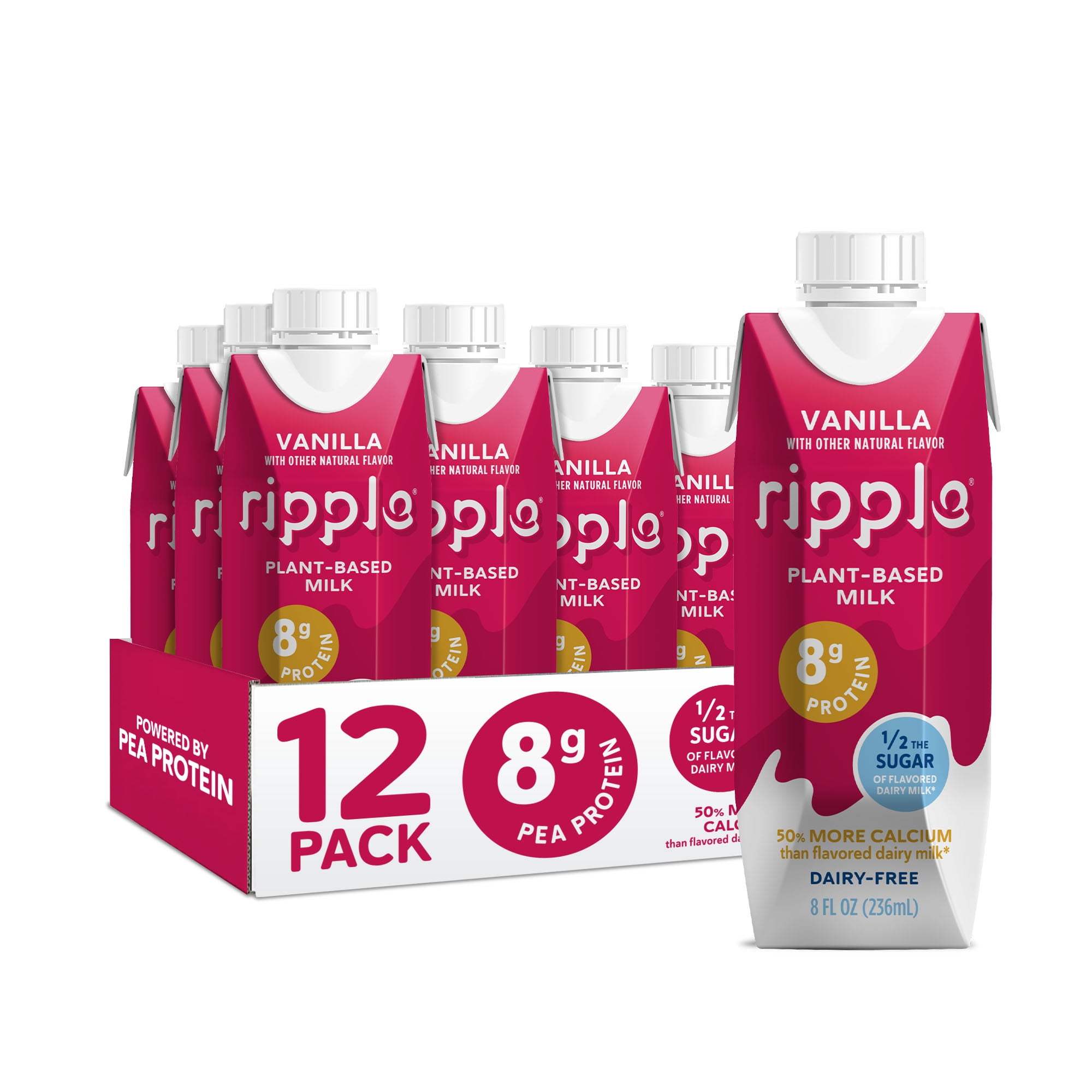 Ripple Vanilla Non-Dairy Milk, Plant-Based, Shelf Stable, 8g Protein, 8 oz, Pack of 12 Vegan Drinks