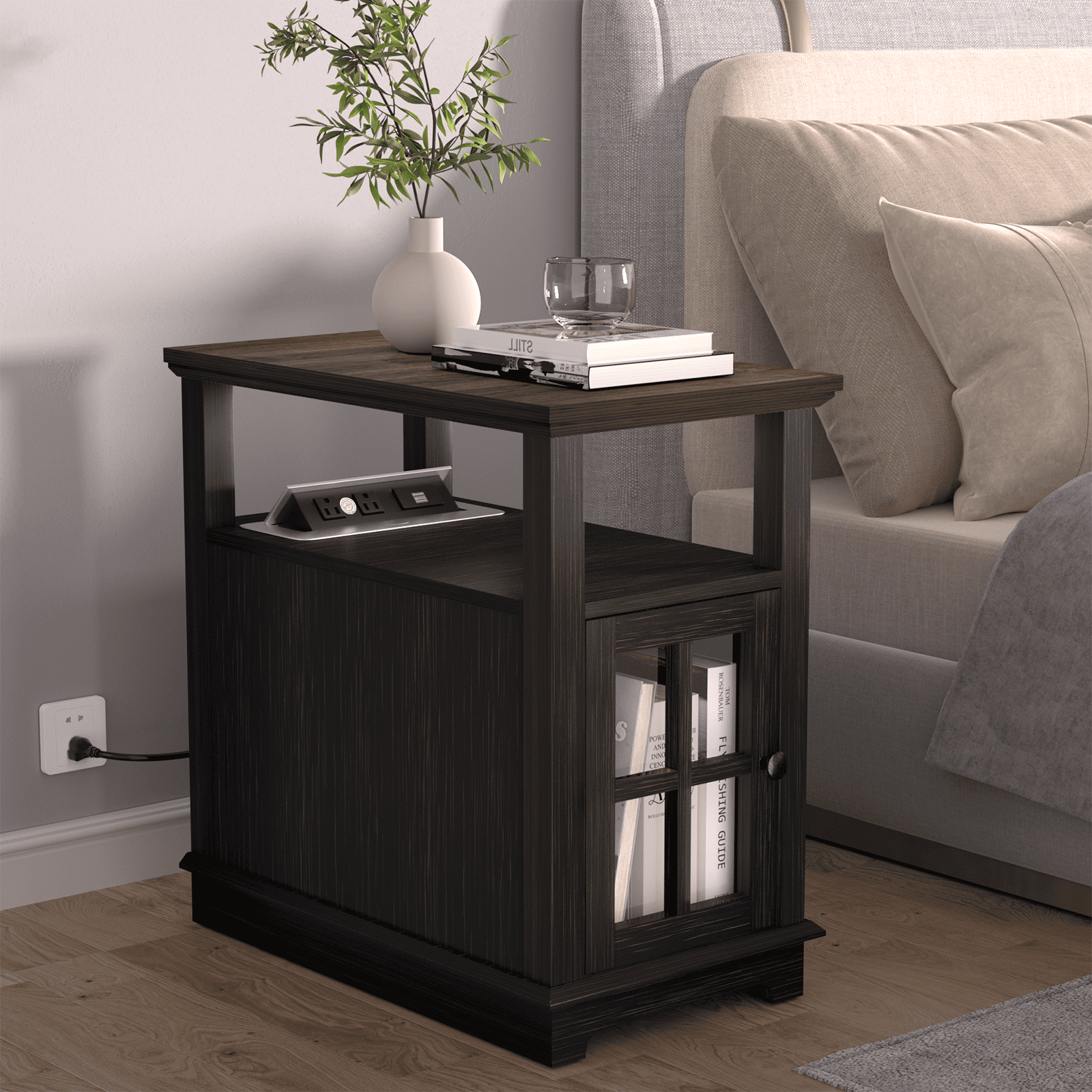 FAGAGA Rectangular End Table with Charging Station and Storage for ...