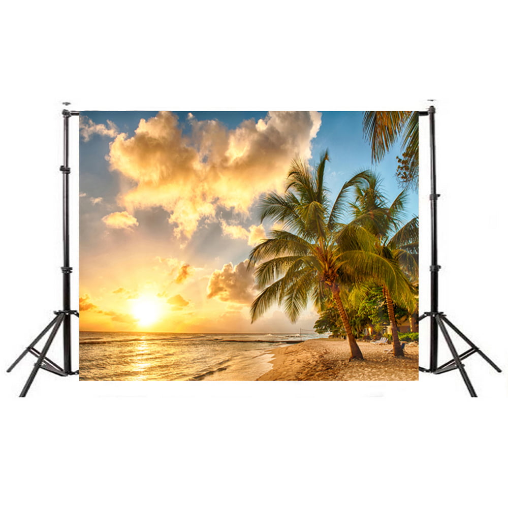 Ocean 8x6 FT Vinyl Backdrop PhotographersSunset on The Beach of Caribbean Sea Waves Coast with Palm Tree Background for Party Home Decor Outdoorsy Theme Shoot Props 