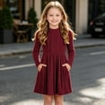 thumbnail image 2 of Cmtiyu Girls Fall Dresses Long Sleeve Crew Neck Pocket Ribbed Knit Dress Soft Lightweight Casual Red A Line Swing Dress for Girls 5-15 Years, 2 of 9
