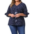 thumbnail image 1 of Blusa de mujer de talla grande GRACE & GRANDEUR con volantes en el frente, mangas fruncidas, cuello en V, tops casuales 3X azul oscuro, 1 of 6
