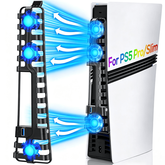 Cooling Fan Temperature-Controlled for PS5 Pro & PS5 Slim, 3-Speed Adjustment, Auto/Manual Dual Modes, Blue LED Lighting, USB 3.0 Pass-Through Port, Easy Rear-Mount Installation