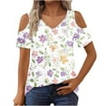 thumbnail image 4 of QUNYINEY V Neck Womens Summer Tops Casual Cold Shoulder Floral Blouses Short Sleeve Pullover Loose Tops, 4 of 7