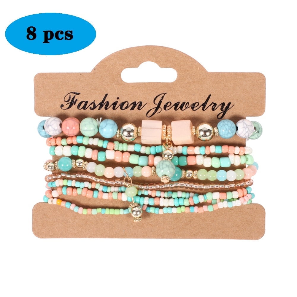 HESHPAWS Bohemian Handmade Beaded Stretch Bracelet, 8 Pcs (Women's)