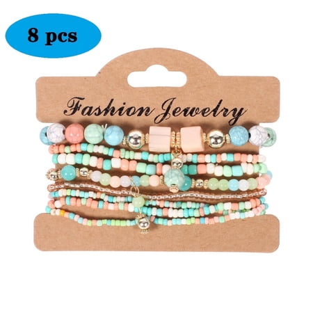 HESHPAWS Bohemian Handmade Beaded Stretch Bracelet, 8 Pcs (Women's)