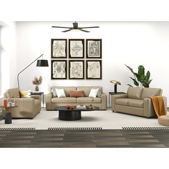 Roundhill Furniture Sakan Leather Upholstered 3-Piece Living Room Set, Sofa Loveseat and Cutler Chair, Beige