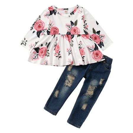

NZRVAWS Baby Girls Outfits Floral Print Long Sleeve Round Neck Top+Ripped Jeans Pants 2PCS Clothes Set White 4-5 Years