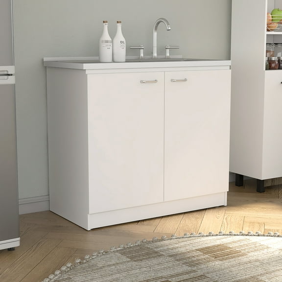 Fashionable White Sink Cabinet With Double Doors And Inner Shelf, Stainless Steel, Easy Fitting Stylish Door Utility Extra Effortless Assembly