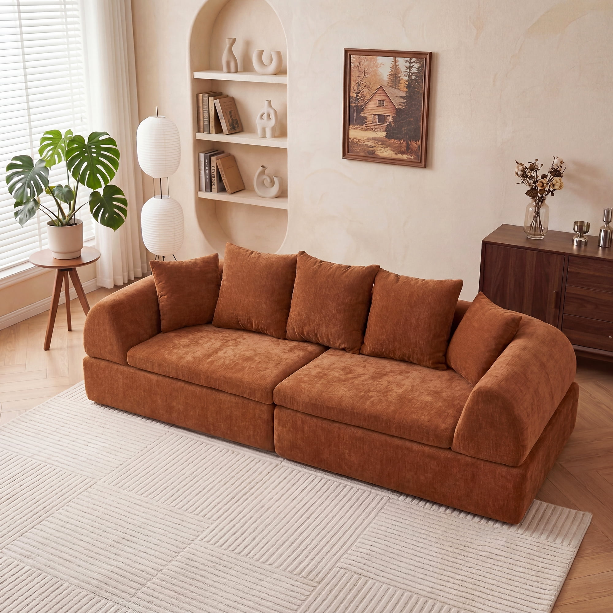 Leumius Cloud Sectional Sofa,3 Seater Boneless Couch with Deep Seat,Modern Sofa with 5 Pillows for Living Room Bedroom,No Assembly,Orange