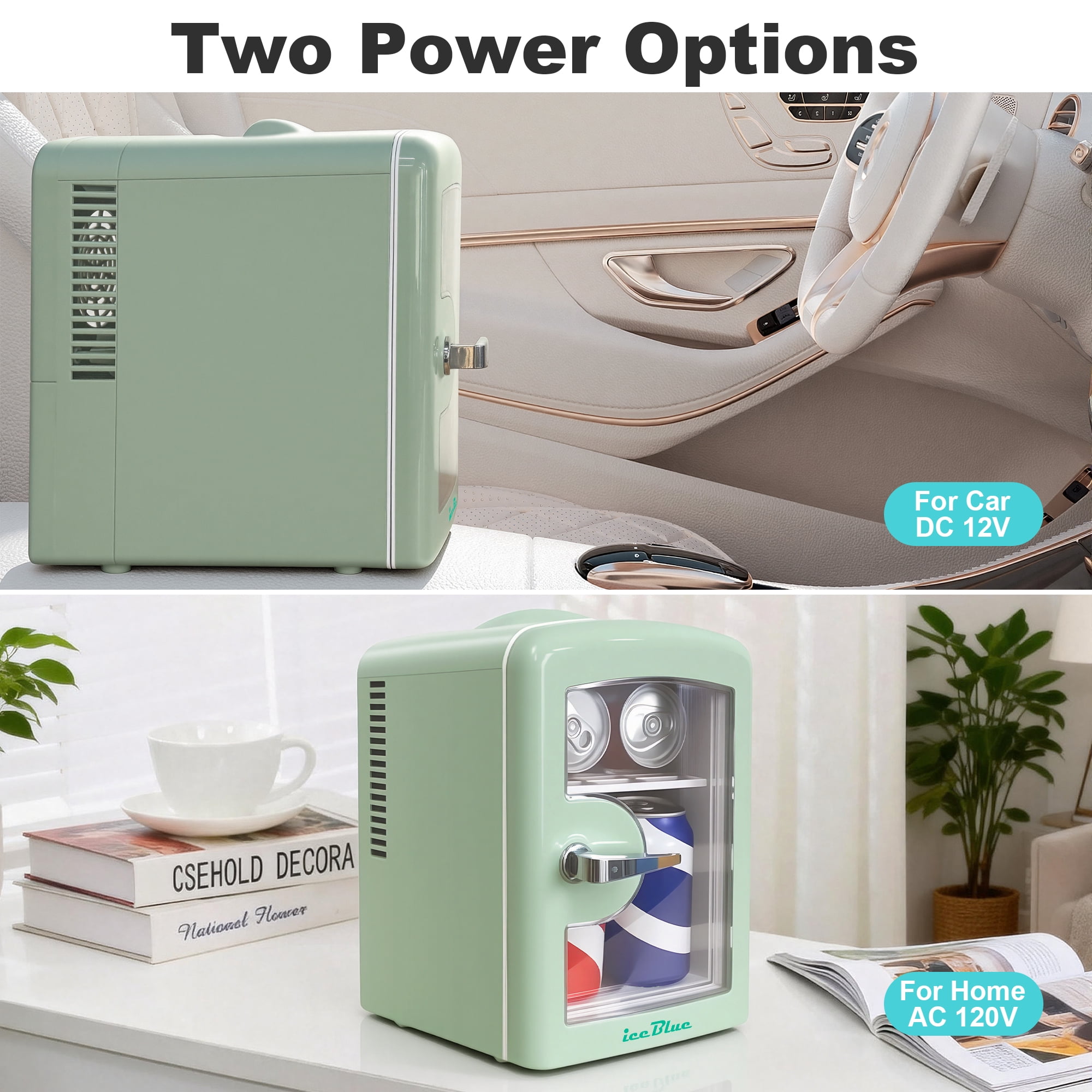 iceBlue 4L Mini Fridge for Cosmetics and Drinks, Car/Home Use (Green), Skincare Refrigerator, Transparent Window and Retro Chrome Handle