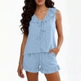 thumbnail image 6 of Womens 2 Piece Pajamas Set Ruffle Sleeveless V Neck Lace-up Tank Top & Shorts with Pockets Summer Loungewear (L, Light Blue), 6 of 8