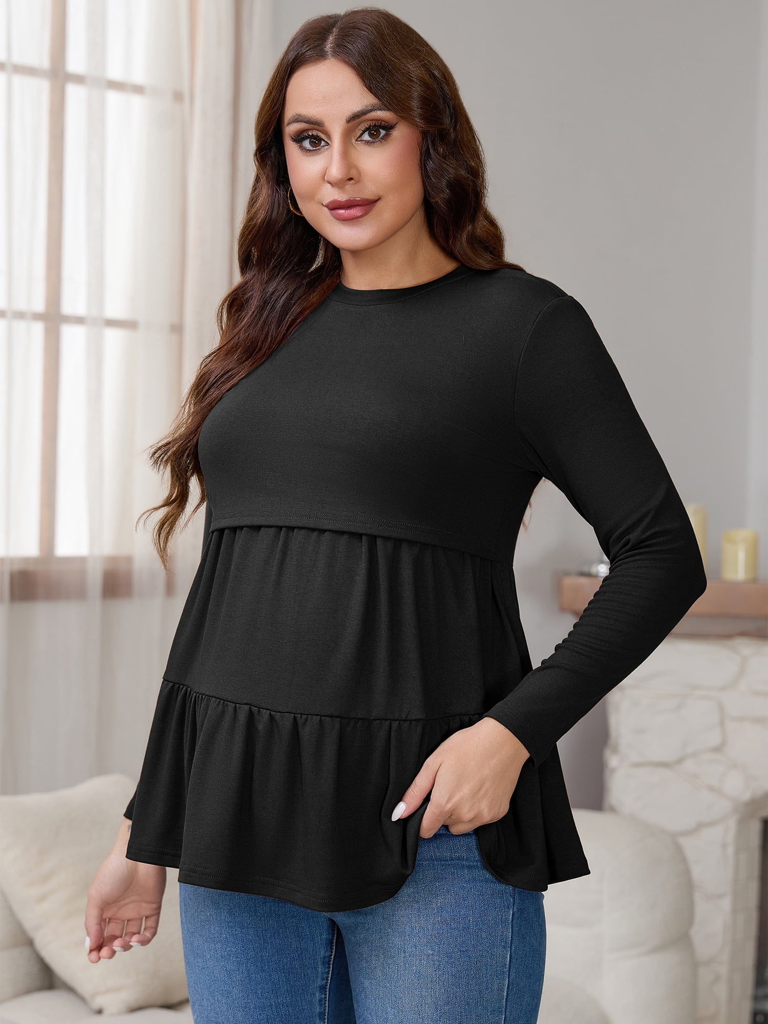 DARING DIVA Women's Nursing Breastfeeding Long Sleeve Tiered Pumping T-Shirts 2XL Black