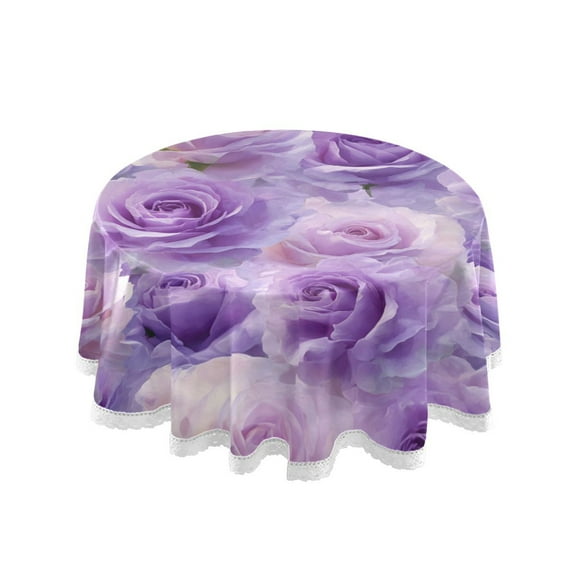 60 Inch Round Tablecloth with White Lace Trim Fall Table Cover for Elegant Dining Decor Light Purple Roses Pattern