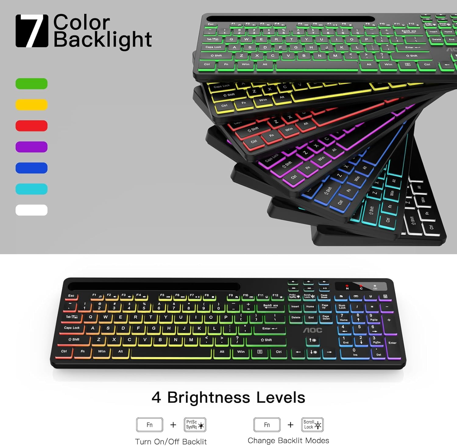 KB600 Wireless Keyboard with 7-Color RGB Backlit, 2.4GHz Full-Size Computer Phone Tablet Holder, Number Pad, 22 Multimedia Hotkeys, Rechargeable for Mac, Windows