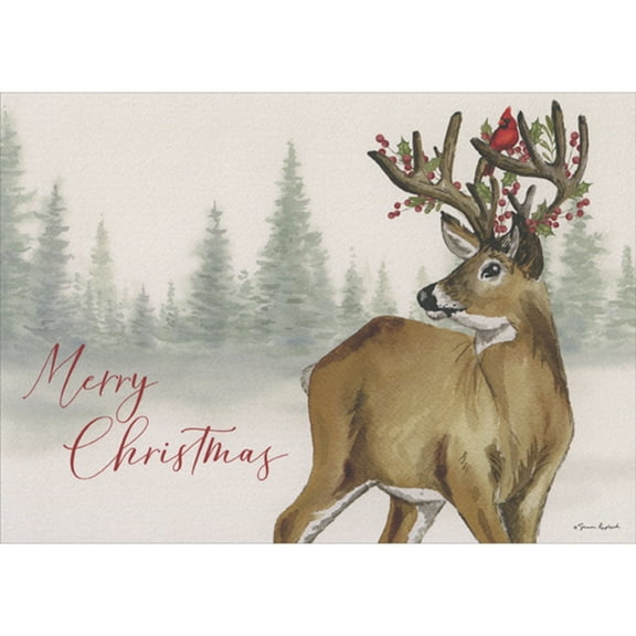 LPG Greetings Deer with Cardinal and Holly in Antlers Box of 16 Christmas Cards