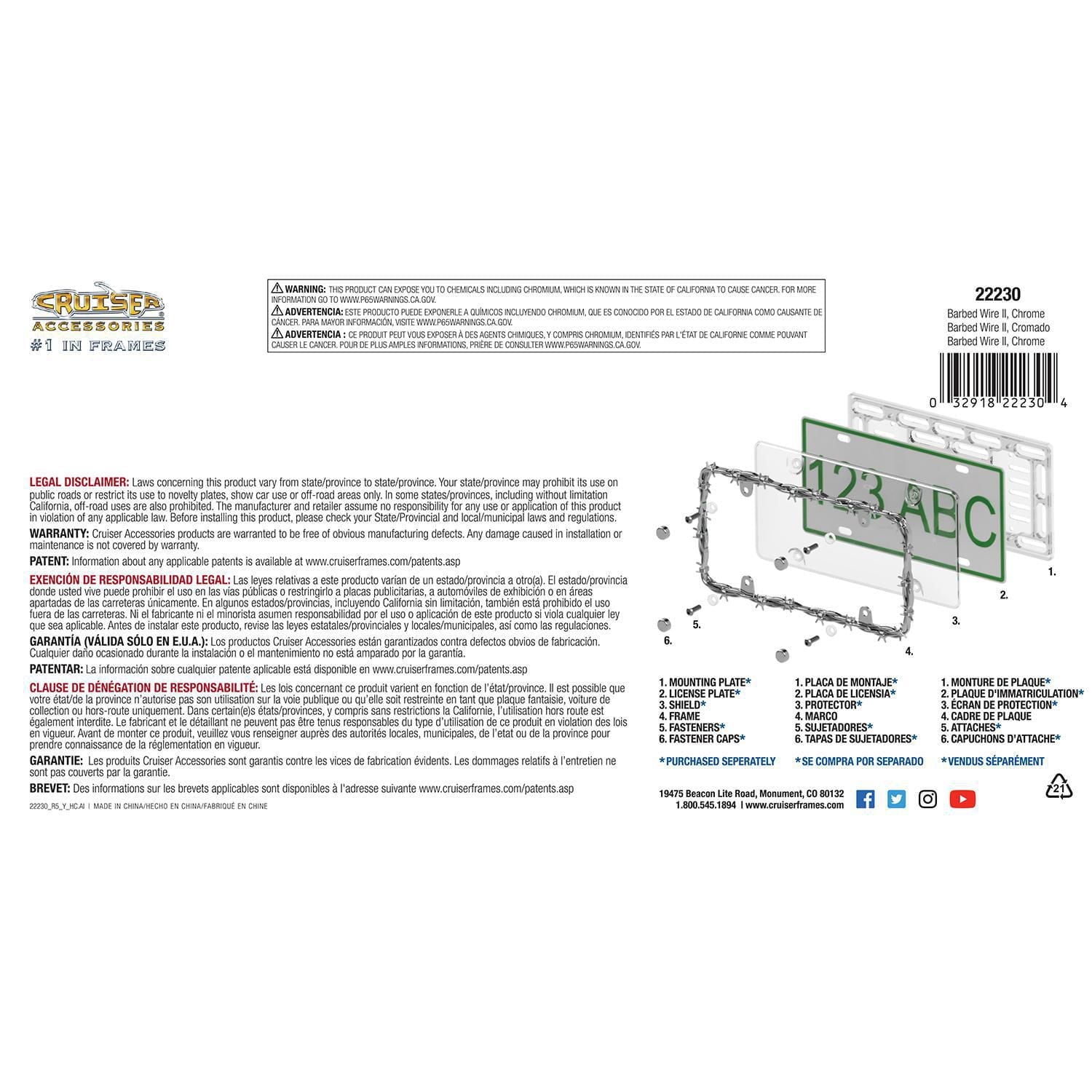Cruiser Accessories Barbed Wire II, License Plate Frame, Fits 15x30cm License Plate