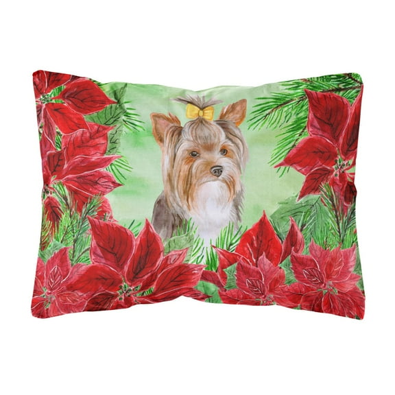 Carolines Treasures CK1370PW1216 Yorkshire Terrier 2 Poinsettas Canvas Fabric Decorative Pillow  12H x16W multicolor