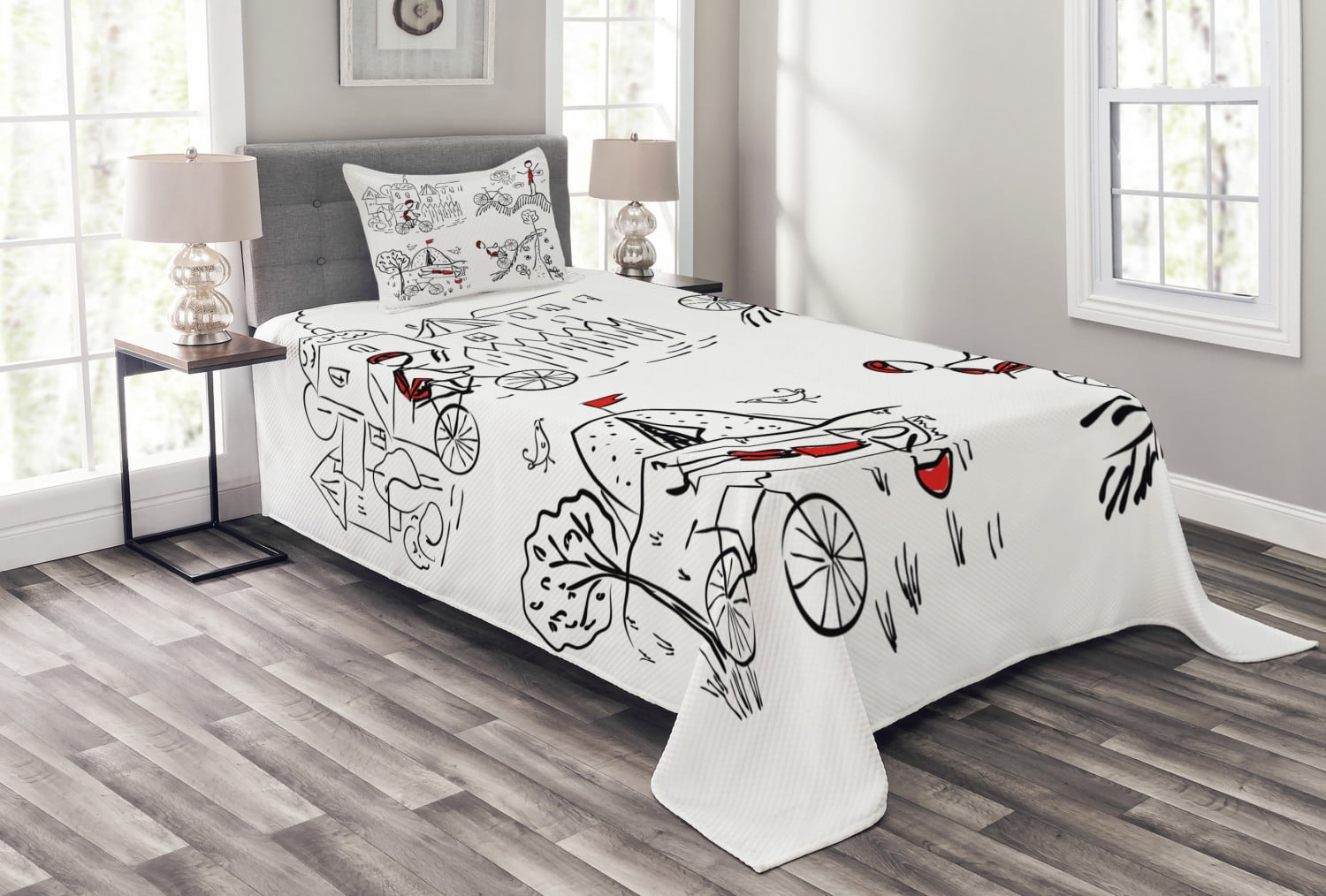 Sketchy Bedspread Set Twin Size, Hand Drawn Doodle Style Cyclist