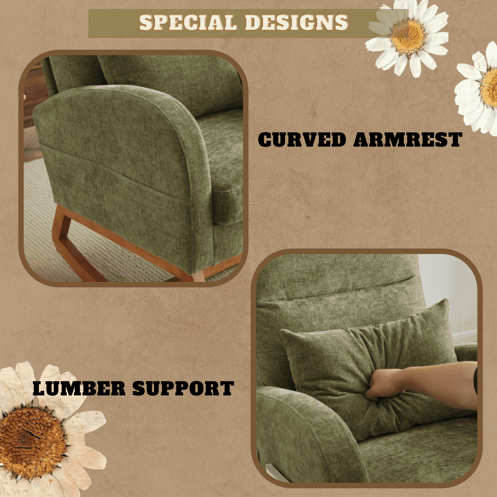 UBesGoo Rocking Accent Chair Armchair Reading Chair, Comfy Single Sofa Rocker with Sturdy Wooden Frame for Living Room Bedroom Green