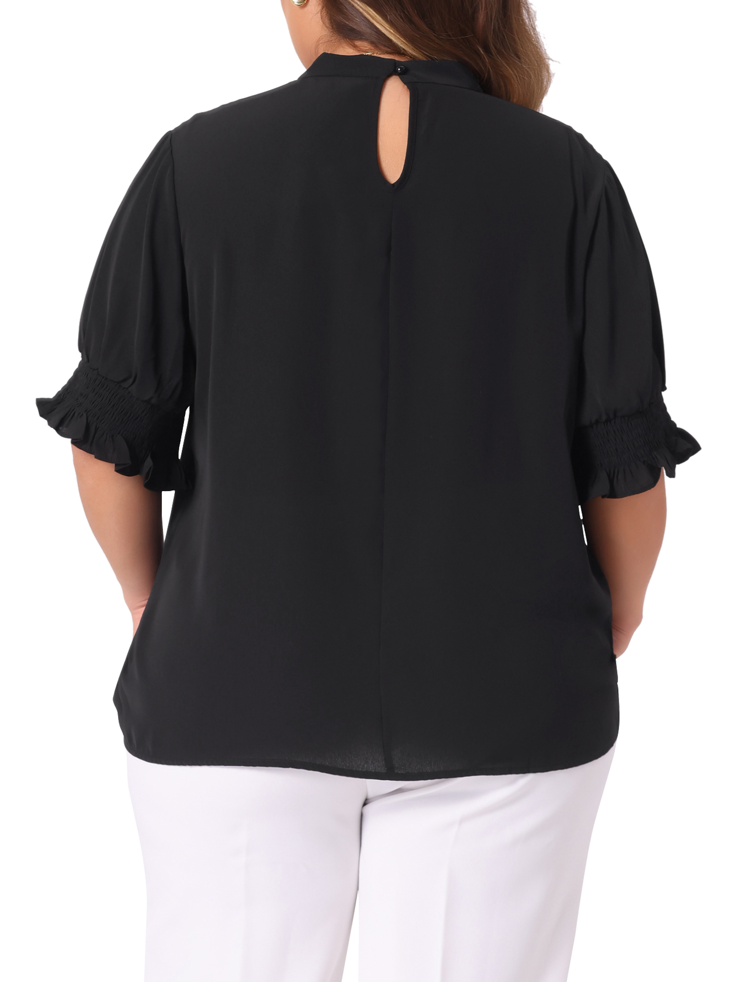 DARING DIVA Women's Plus Office Pleated Short Puff Sleeves Mock Neck Top 1X Black