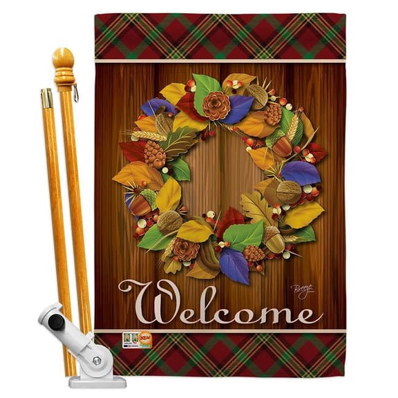 Breeze Decor BD-TG-HS-113036-IP-BO-D-IM09-BD 28 x 40 in. Fall Wreath Thanksgiving Impressions Decorative Vertical Double Sided House Flag Set with Pole Bracket Hardware