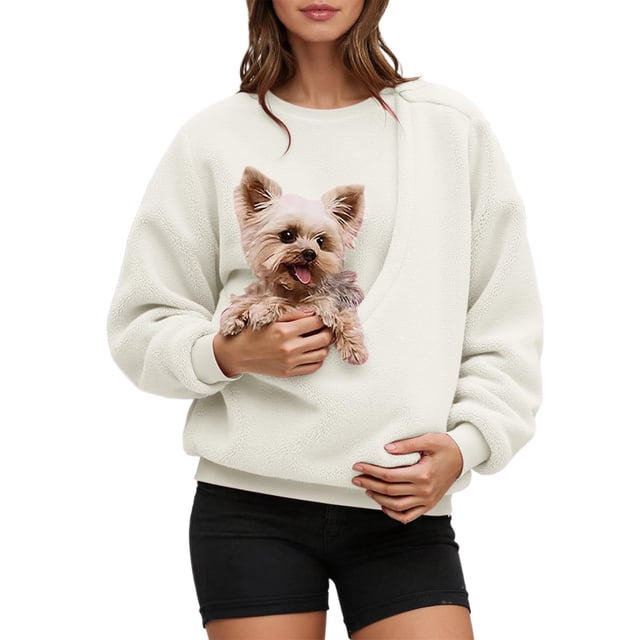 GPOECD Chandail Molletonné Sans Capuche pour Femmes avec Poche avant, à Bretelles, pour Petits et Chats, Chandail à Col Rond Doux et Confortable 03_White,L