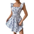 thumbnail image 3 of Women Floral Mini Dress Square Neck Ruffle Shoulder Back Tie A Line Sundress Blue & White. L, 3 of 9