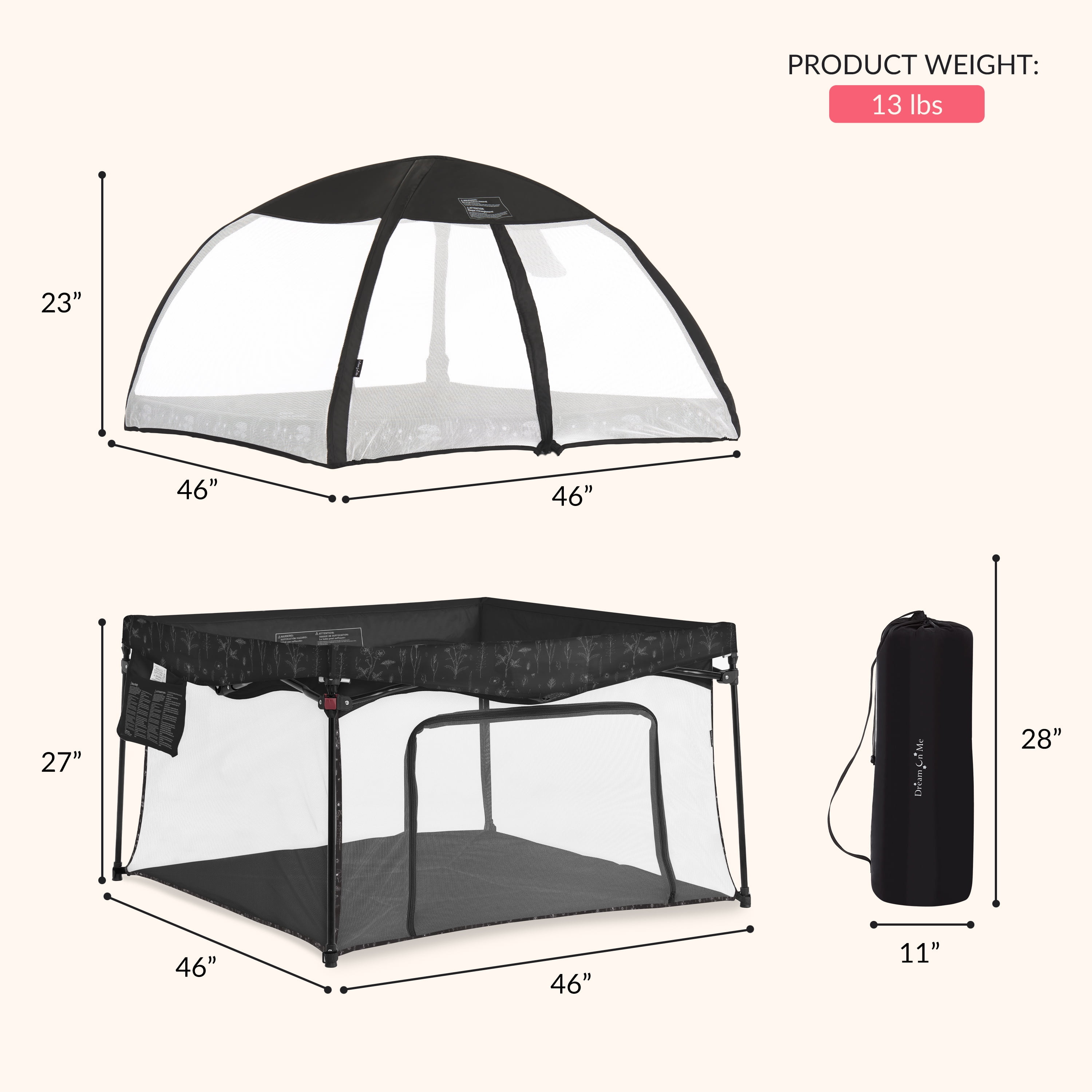 Dream On Me Ziggy Square Playpen with Canopy, Black and White, (Model # 4434-BW)