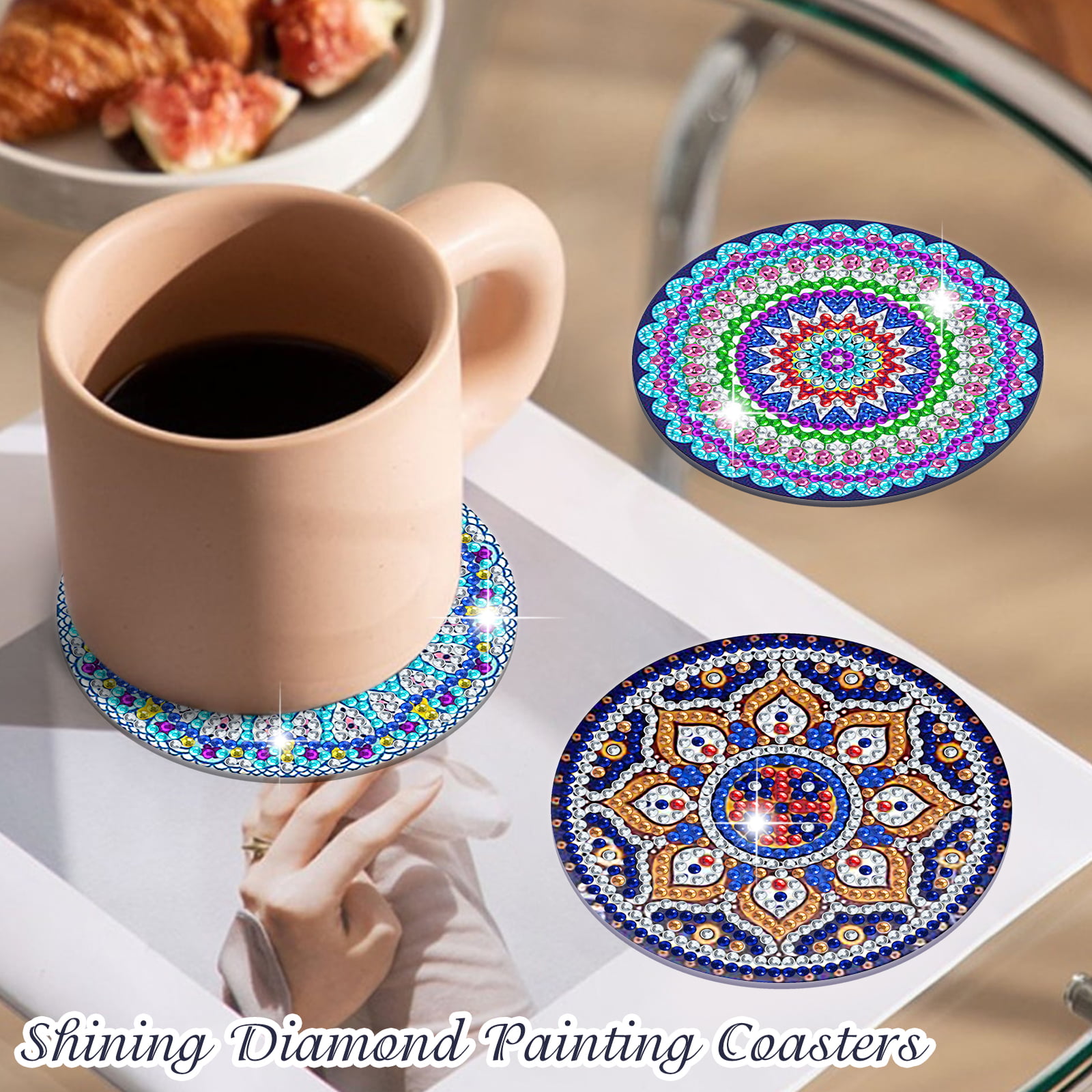 VEGCOO 8 Pcs Diamond Painting Coasters with Holder, DIY Mandala