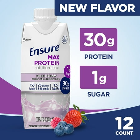 Ensure Max Protein Nutritional Shake with 30g of High-Quality Protein, 1g of Sugar, High Protein Shake, Mixed Berry, 11 fl oz, 12