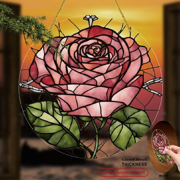 2D Flat Rose Flower Acrylic Sun Catcher - Vibrant Acrylic Stained Window Hanging for Office, Home, Kitchen, and Garden Decor - Perfect Gift for Family and Friends,CWC-Acrylic 8*8inch
