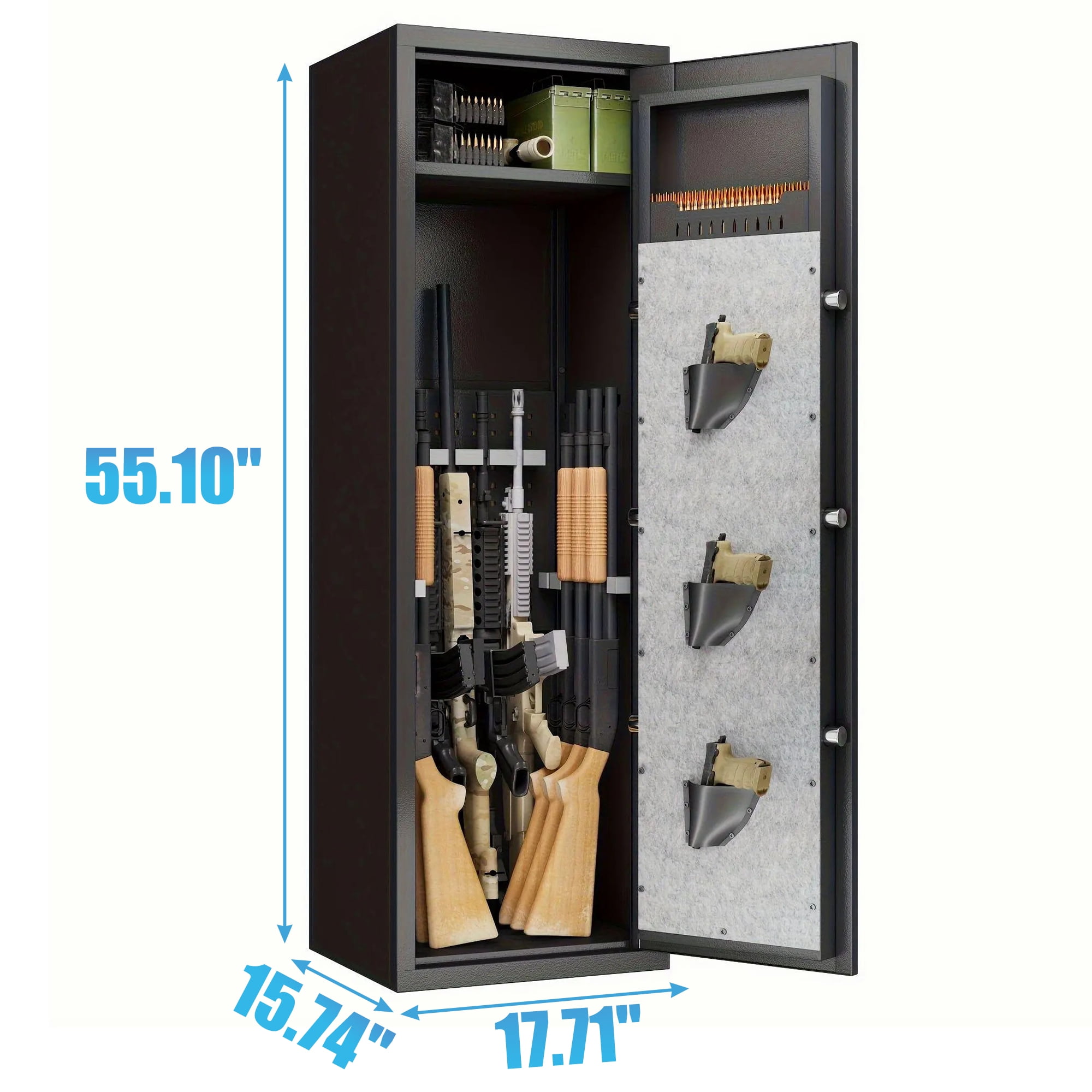 Large Biometric Gun Safe for Rifles & Handguns - Heavy-Duty 55" Tall Gun Cabinet with Fingerprint Lock, Adjustable Rifle Racks, 3 Pistol Pouches & Anti-Theft Alarm - Secure Firearm & Valuables Storag