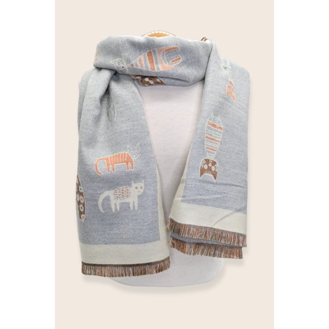 Scarf Cat Motif Border Trim