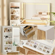 44 Inch Vanity Desk with 32'' Lighted Mirror & Charging Station, Dressing Table with Modern Fluted Design Glass Top 5 Drawers, 3 Shelves Makeup Vanity Set for Bedroom Dressing Room(White)