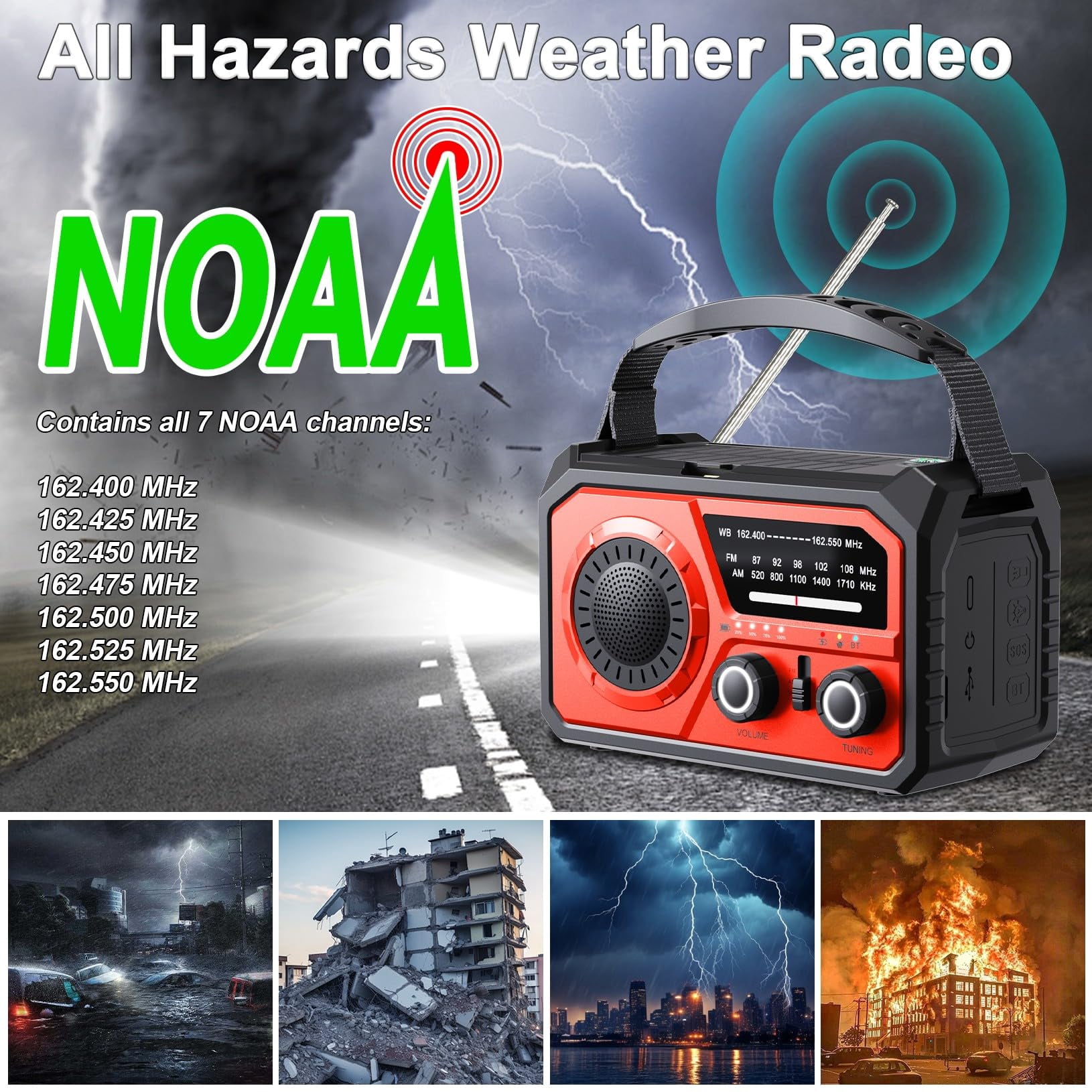 16000mah Hand Crank Emergency Weather Radio With Wireless  59200mwh Noaa Am Fm Solar Flashlight Cell Phone Reading Lamp Compass Sos For Camping And (red)