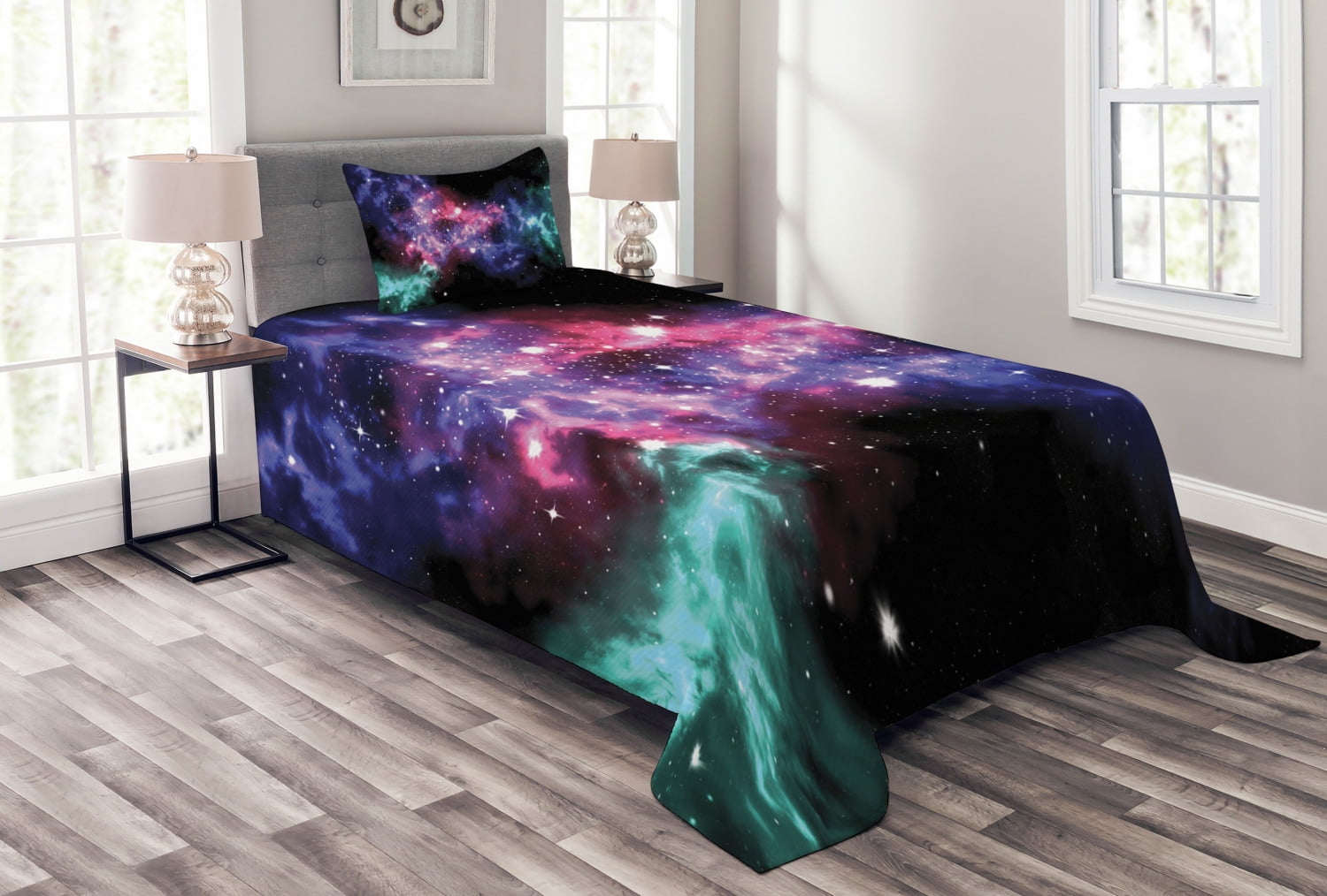 Outer Space Bedspread Set Twin Size, Stars and Dusty Gas Cloud in