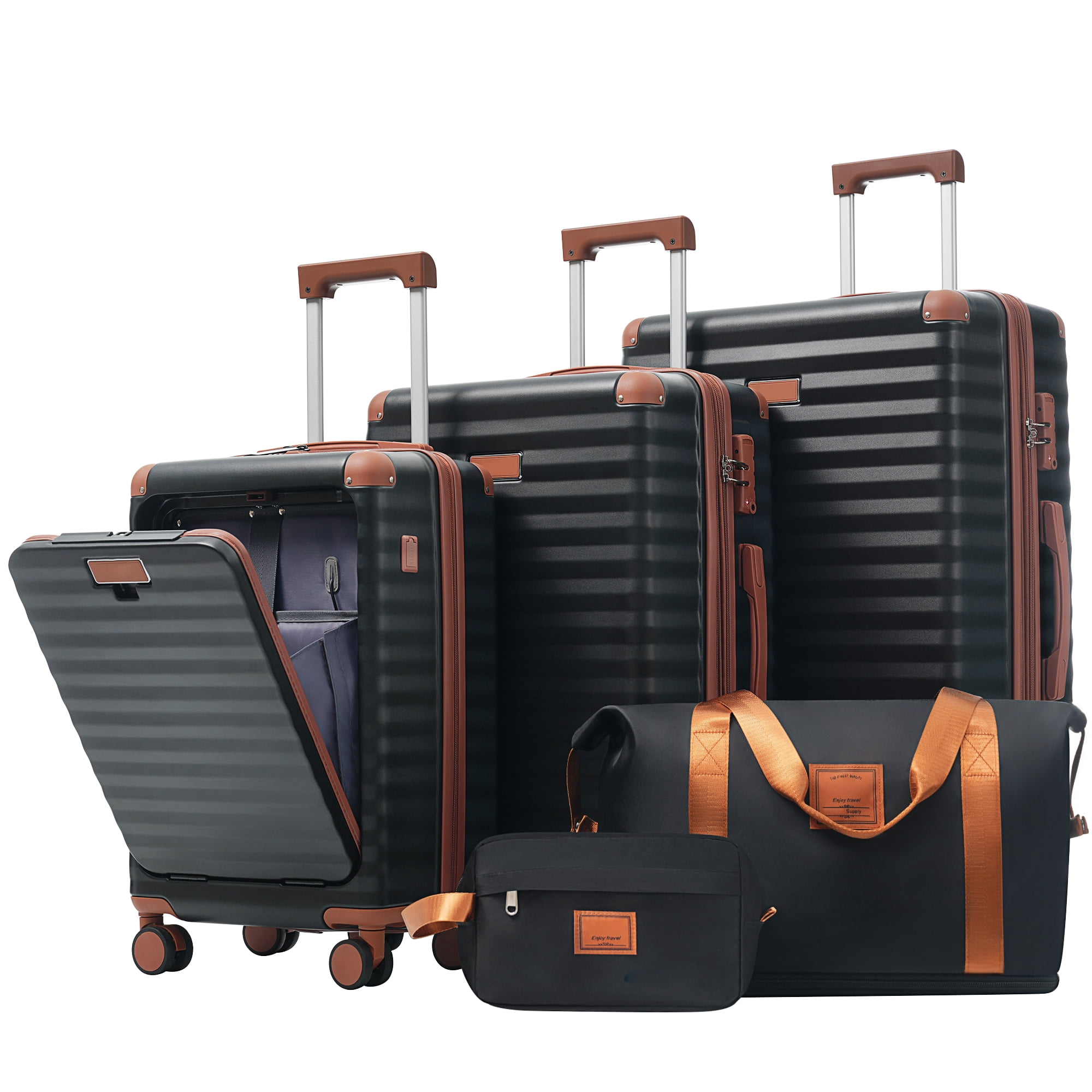 Luggage Sets 5 Piece with Front Opening , Hardside Expandable Carry on Suitcase with Spinner Wheels TSA Lock USB Port Cup Holder Duffel Bag and Toiletry Bag