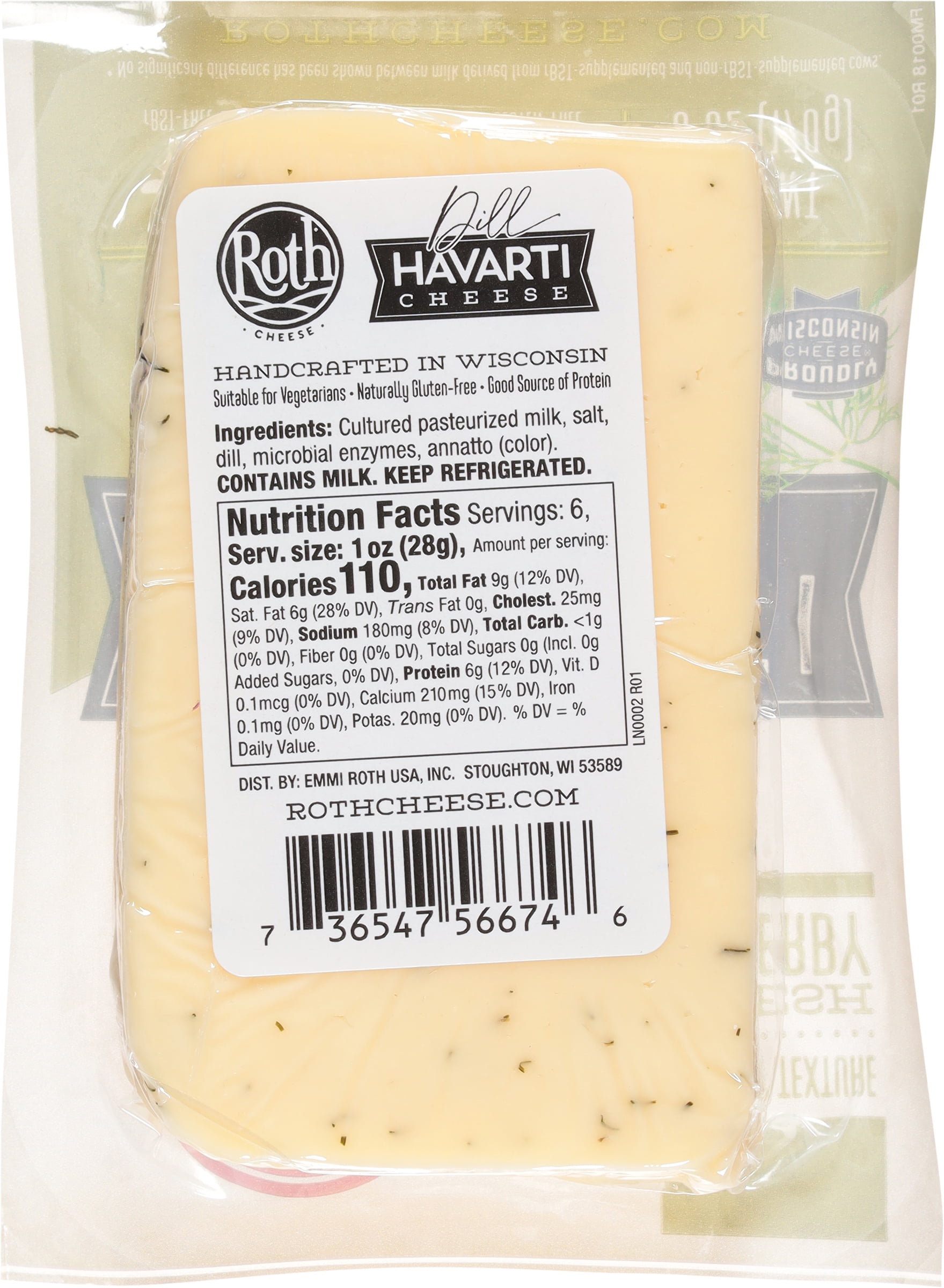 Roth Gluten Free Block Dill Havarti Cheese, 6 oz Fresh Plastic Wrapped