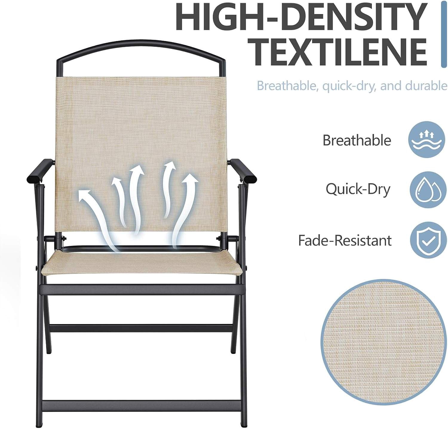 Folding Patio Chairs Set of 2, Outdoor Dining Chairs with Armrests, Breathable Textilene & Steel Frame for Lawn, Garden, Yard or Poolside - Beige