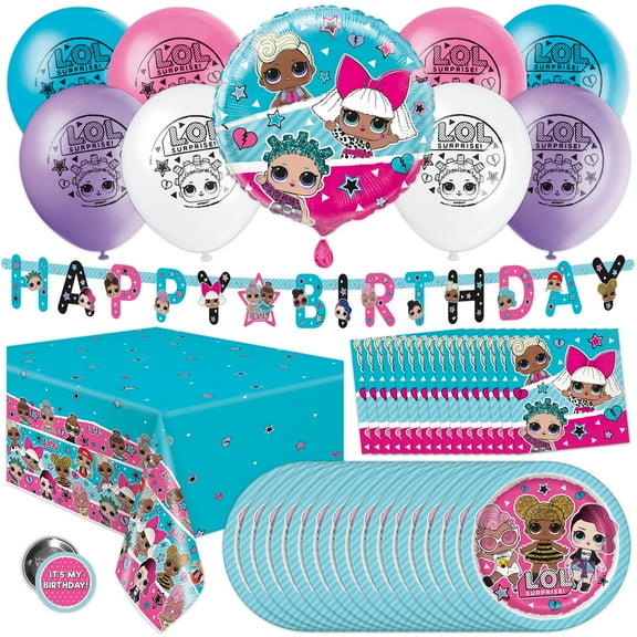 Unique LOL Birthday Party Kit, Supplies for 16 Guests, Includes Balloons, Plates, Napkins
